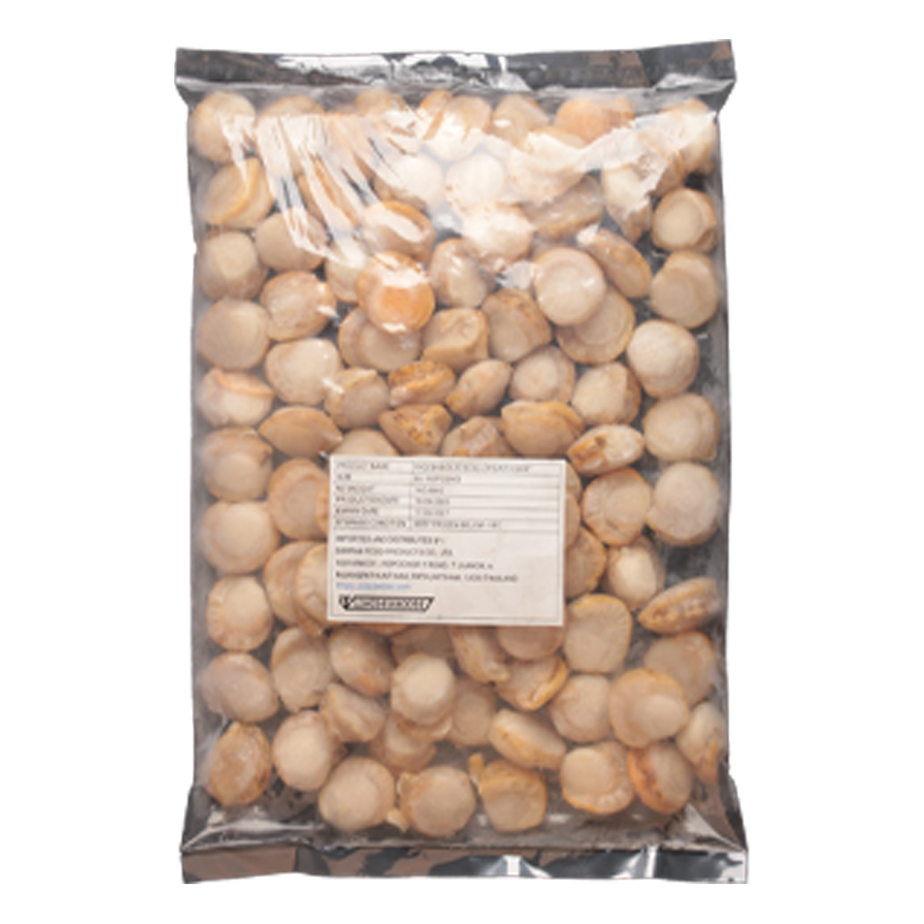 IQF BOILED SCALLOPS WITH SKIRT 80-100 PCS/KG เนื้อหอยเชลล์ต้มไซด์ 80-100Po8/kg.Nw.70%